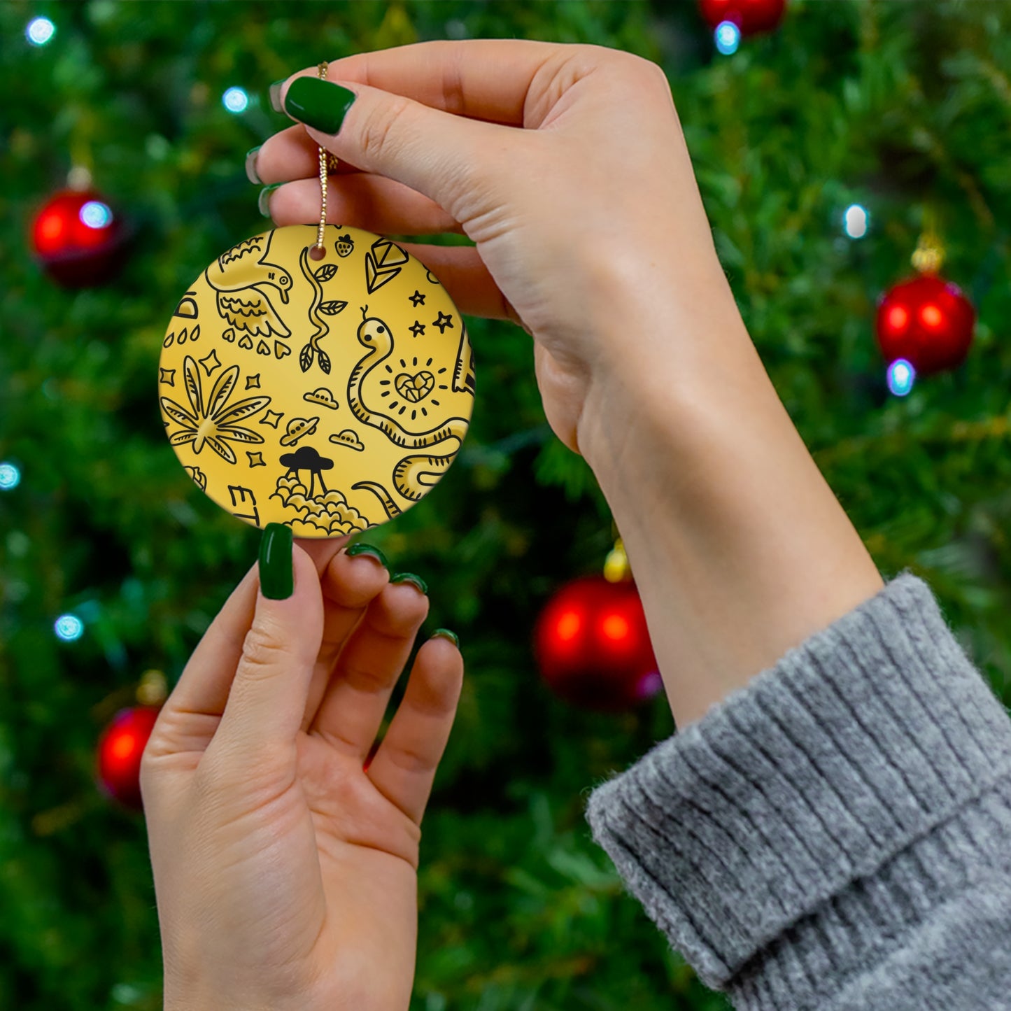 Gold Tat Fur Ceramic Christmas Ornament