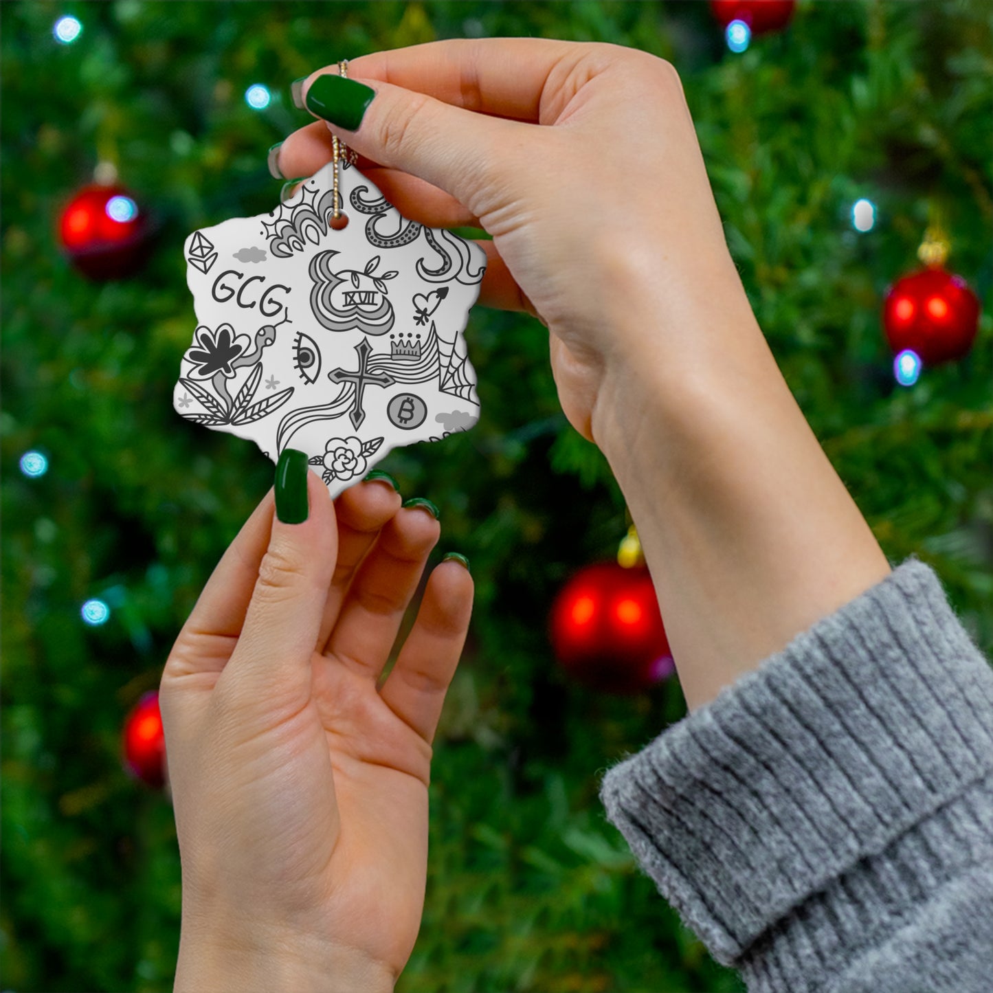 Grey Tat Fur Ceramic Christmas Ornament