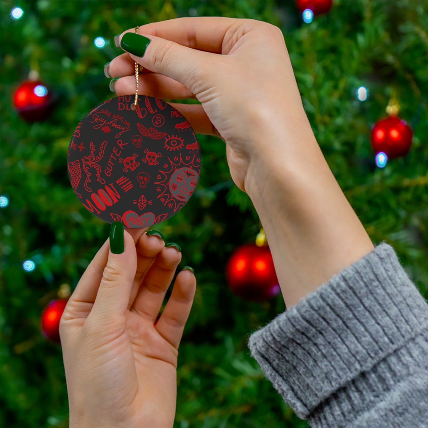 Red Tat Fur Ceramic Christmas Ornament
