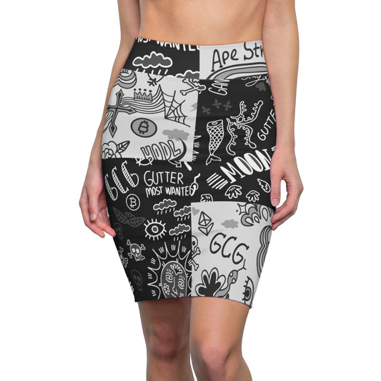 Grey & Black Tat Pencil Skirt